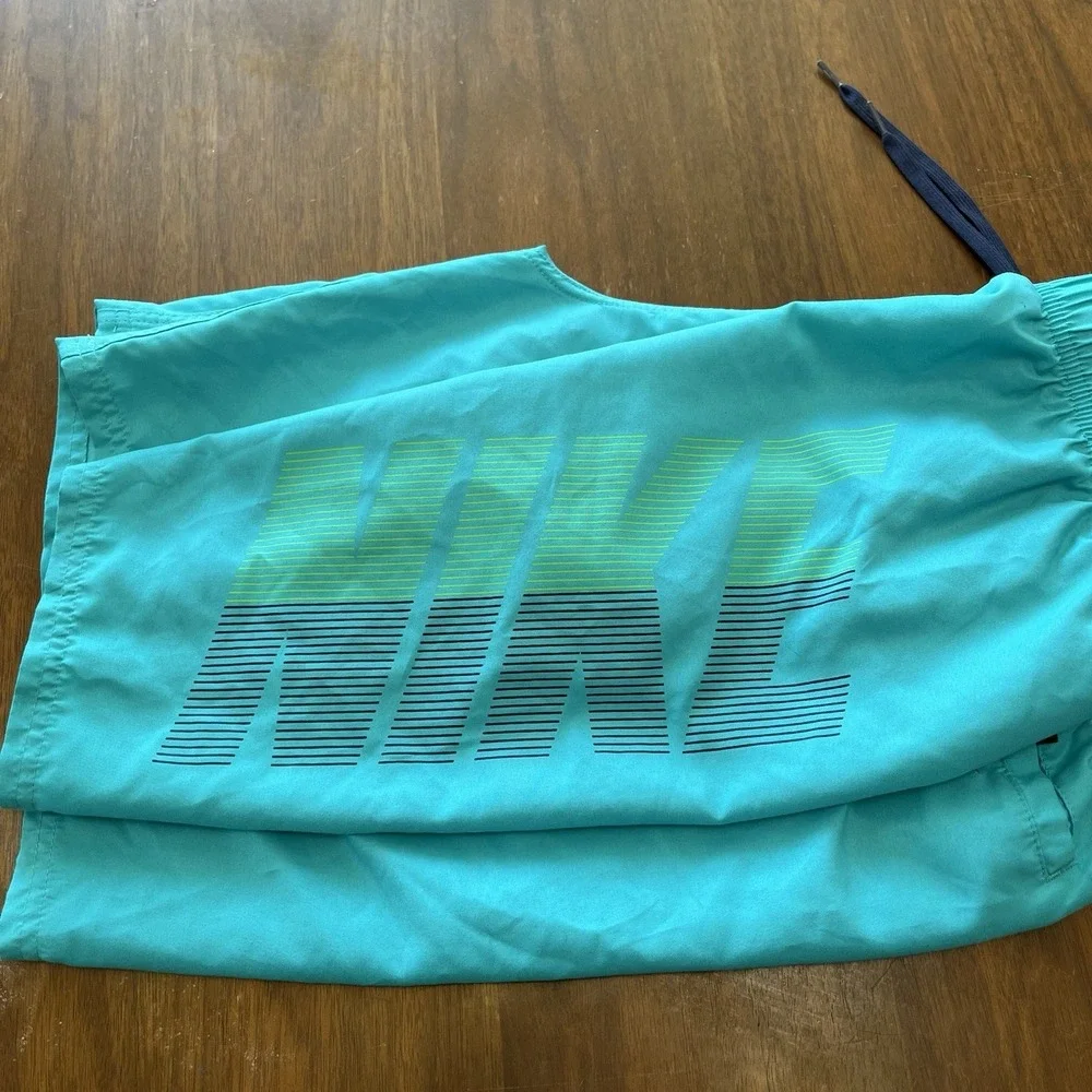 Nike Swim Shorts Mens M Blue Green Lined Graphic Logo NESSA570 Drawstring Pocket